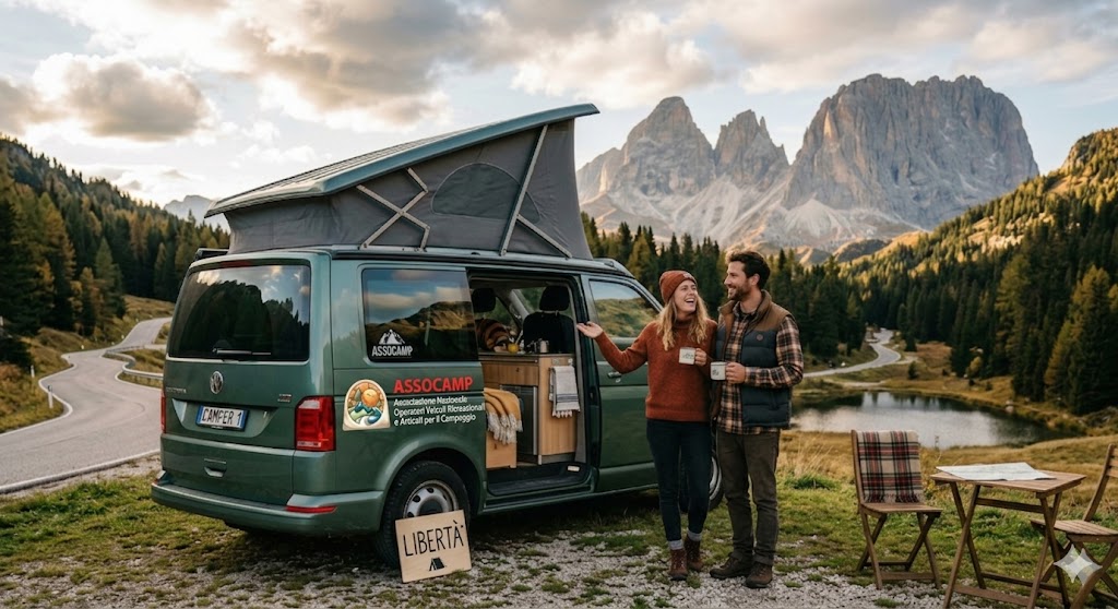 Camper van in paesaggio con montagne e lago